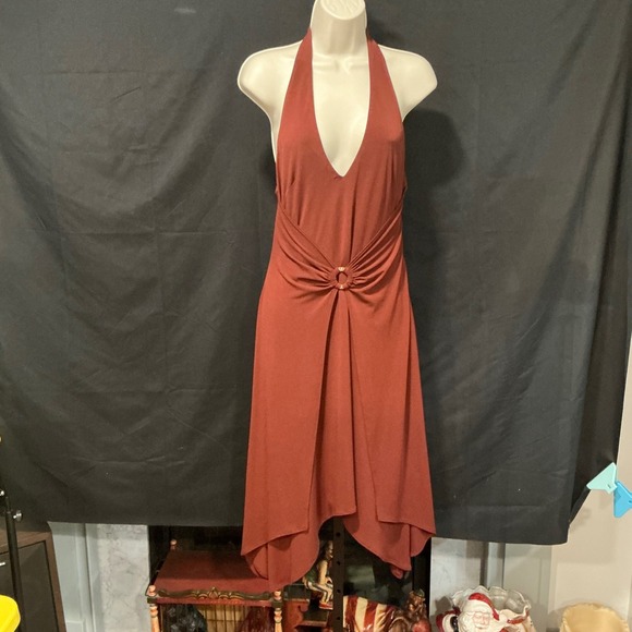 Laundry By Shelli Segal Dresses & Skirts - Laundry by Shelli Segal Halter Dress 8 Rust Orange Ring Draped Handkerchief